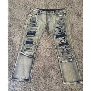 Mecca Jeans Mens 40x32 Blue Distressed Ripped Straight Leg Denim Urban Hip Hop